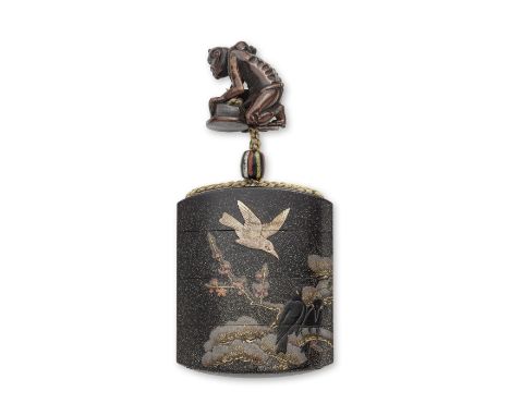 KANSHOSAI LINEAGE AFTER A DESIGN BY KANO MORONOBU (HOGEN EISEN)A Black-Lacquered Broad Three-Case Inro Edo period (1615-1868)