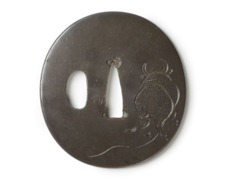 YOKOYA LINEAGEEdo period (1615-1868), 19th centuryA tsuba, oval, one hitsuana, shibuichi migakiji delicately chiselled in kat