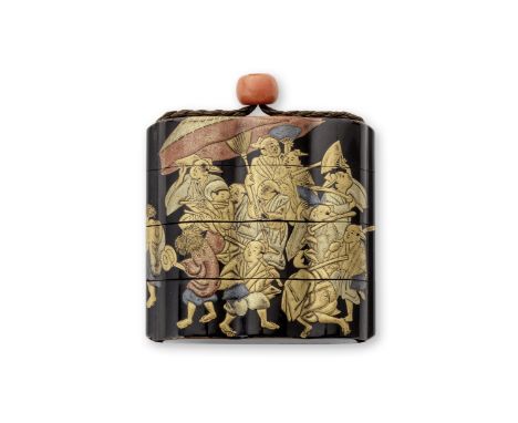 TATSUKE TAKAMASUA Black-Lacquer Three-Case Ribbed Inro Edo period (1615-1868), 18th/19th centuryThe three-lobed rectangular b