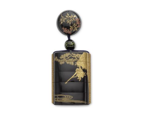 KAJIKAWA BUNRYUSAI LINEAGEA Black-Lacquer Four-Case Inro Edo period (1868-1912), 19th centuryThe rounded rectangular roiro-nu