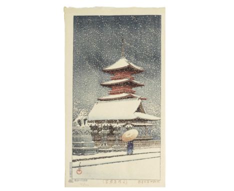 KAWASE HASUI (1883-1957)Showa era (1926-1989), dated 1929A nagaban tate-e print, titled Ueno Toshogu no yuki (Snow at Tosho S