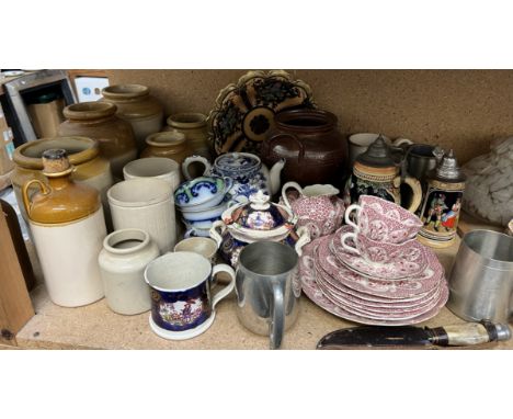 Assorted Stoneware storage jars together with a part tea set, Noritake dish, Gaudy Welsh, pewter, dagger etc