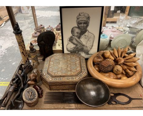 A mother of pearl inlaid octagonal box and cover together with African carvings, picture, carved fruit etc 