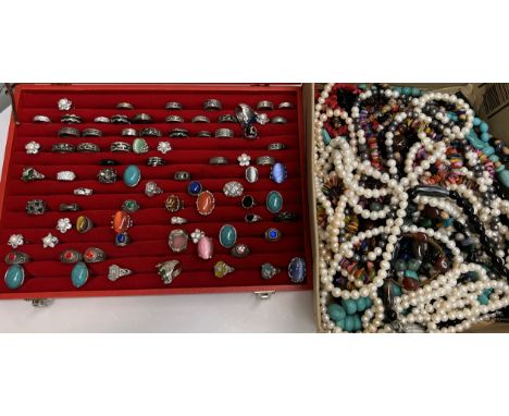 Assorted costume jewellery including hardstone and paste set ring, faux pearls and other bead necklaces 