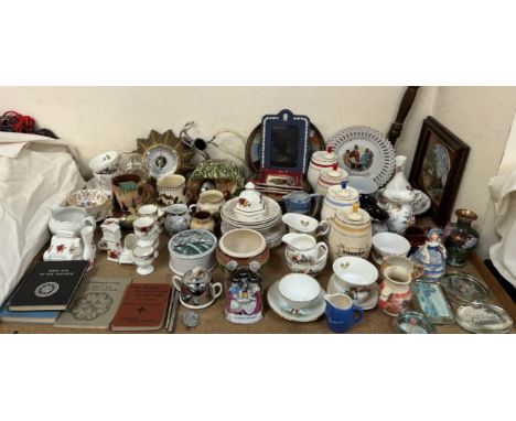 A Wedgwood blue jasper photograph frame together with Ewenny vases, Royal Albert Old Country Roses pattern egg cups, baromete