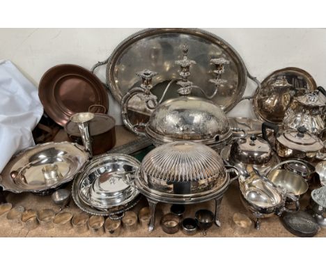 An electroplated twin handled tray together with a quantity of electroplated wares including a candelabra, part tea services,