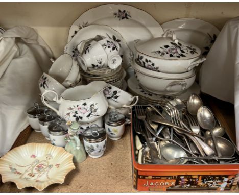 A Royal Albert Queen's Messenger pattern part tea and dinner service together with Worcester egg coddlers, electroplated flat