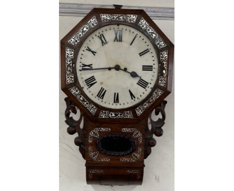 A Victorian rosewood and mother of pearl inlaid drop dial wall clock, with a circular dial and Roman numerals