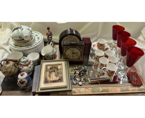 Portmeirion Botanic Gardens dinner plates together with a bone china part tea set, ivorex panel, mantle clocks, wristwatches,