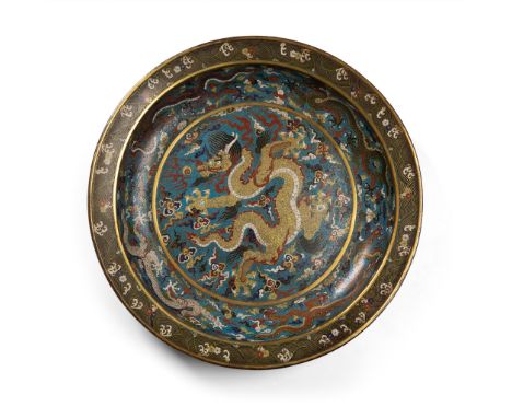 CLOISONNÉ ENAMEL 'DRAGON AND PHOENIX' BASIN QING DYNASTY, 19TH CENTURY cast with flattened base opened up to an everted rim, 