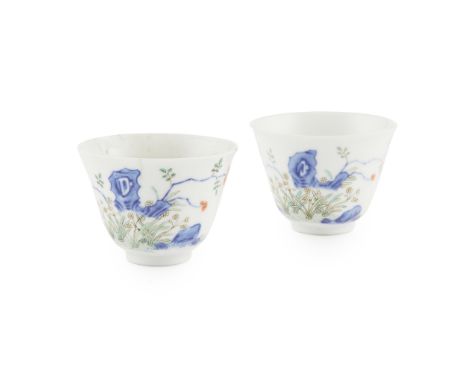 PAIR OF WUCAI 'MONTH' WINE CUPS  KANGXI MARK AND QIANGLONG MARK comprising a near pair of month cups, both finely potted with