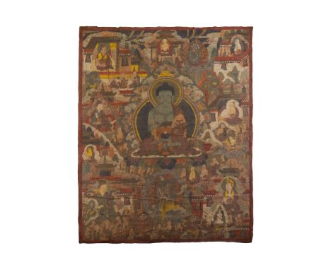 THANGKA DEPICTING BHAISAJYAGURU QING DYNASTY, 18TH-19TH CENTURY the seated blue-bodied Buddha with his left hand raised in vi