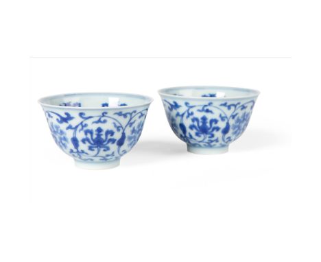 PAIR OF BLUE AND WHITE 'PO-PHASE FLOWER' CUPS DAOGUANG MARK AND OF THE PERIOD each thinly potted, finely painted with po-phas