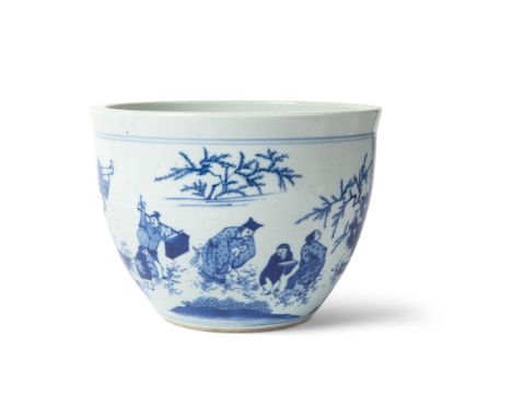 BLUE AND WHITE BASIN QING DYNASTY, 17TH CENTURY  potted in bulbous body and lipped rim, the body decorated with a male figure