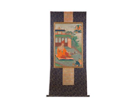 THANGKA DEPICTING A PANCHEN LAMA INCARNATION QING DYNASTY, 19TH CENTURY attired in typical monastic orange robe and wears a r