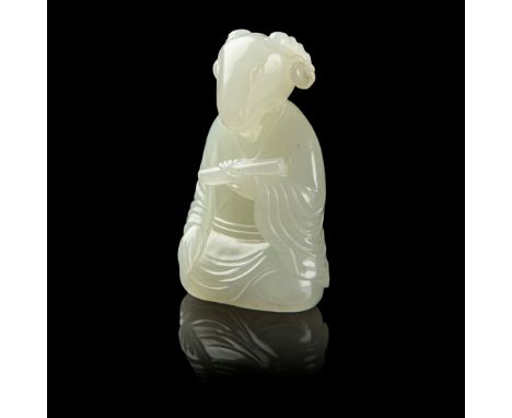 PALE CELADON JADE GOAT DEITY QING DYNASTY, 18TH CENTURY depicting one of the Chinese zodiac animals, the upright-seated beard