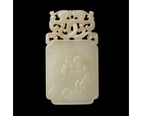 PALE CELADON JADE PLAQUE one side carved with Daoist deity Liu Haichan holding a string of coins above a mythical three-legge