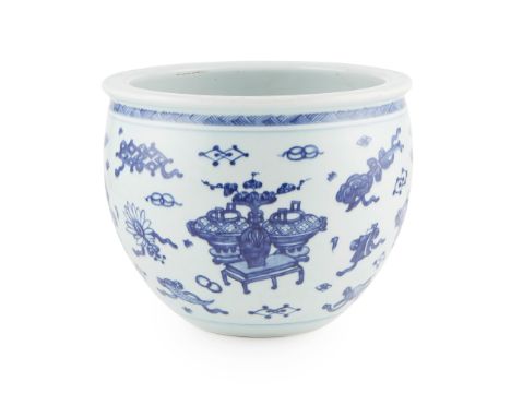 BLUE AND WHITE 'BOGU' BASIN QIANLONG PERIOD  the deep bulbous body painted with four sets of antiquities arrangement surround