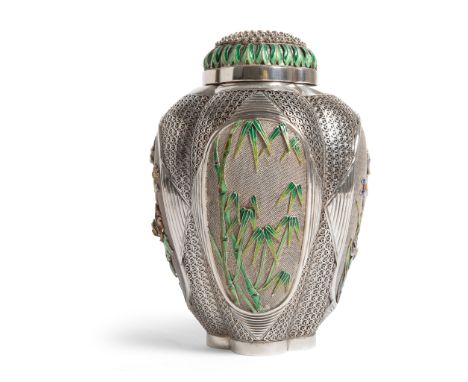 ENAMELLED EXPORT SILVER TEA CADDY 20TH CENTURY of four-lobed tapered bulbous form, decorated with enamelled 'Four Gentleman F