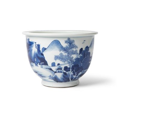BLUE AND WHITE 'LANDSCAPE' JARDINIERE KANGXI PERIOD potted on a slightly flared short foot with deep bulbous body and everted