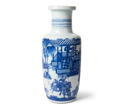 BLUE AND WHITE ROULEAU VASE QING DYNASTY, 19TH CENTURY finely painted in continuous scene on the cylindrical body with team o