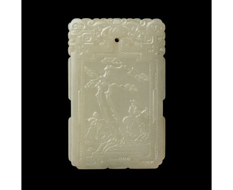 PALE CELADON JADE PLAQUE carved in one side with a bridge-crossing scholar riding his horse underneath a pine tree, a scenery