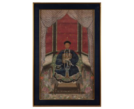 TWO ANCESTOR PAINTINGS QING DYNASTY, 19TH CENTURY  comprising: a male portrait seated on a green shawl-covered horseshoe back