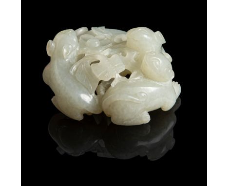 PALE CELADON JADE 'CATS' CARVING QING DYNASTY, 18TH-19TH CENTURY carved in round with three playful cats encircling an openwo