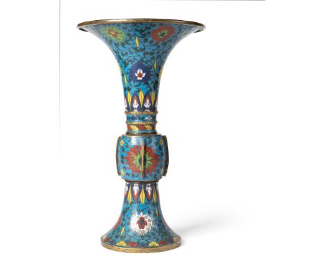 LARGE CLOISONNÉ ENAMEL 'GU' VASE QING DYNASTY, 19TH CENTURY of slender gu-form with trumpet-shaped upper body, joined by a sl