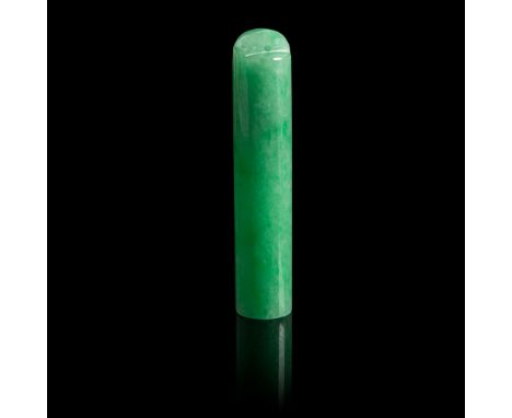 JADEITE HAT PENDANT QING DYNASTY, 19TH CENTURY of tube form with top end a raised perforated bar, the content hollowed out le