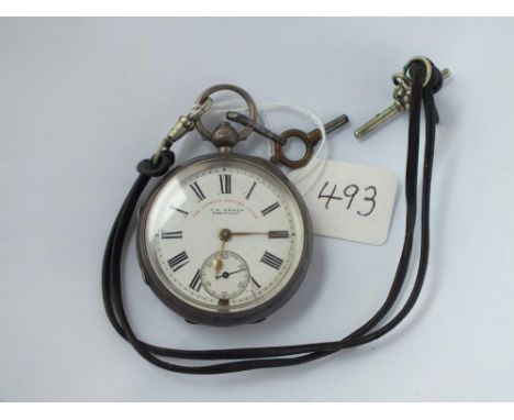 A silver pocket watch with leather Albert by J G Greeves, Sheffield with seconds sweep 