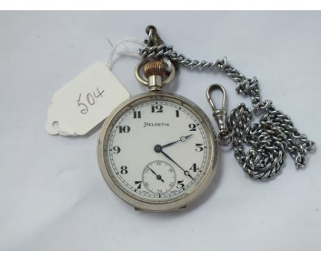 A metal pocket watch by HELVETIA  with seconds sweep on metal Albert