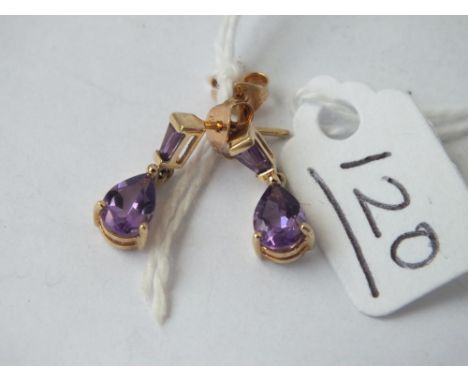 A pair of amethyst drop earrings in 9ct  - 1.5gms