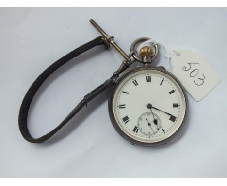 A gents silver pocket watch with seconds sweep on leather Albert