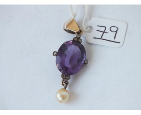 A amethyst &amp; diamond &amp; pearl drop pendant - 6.3gms