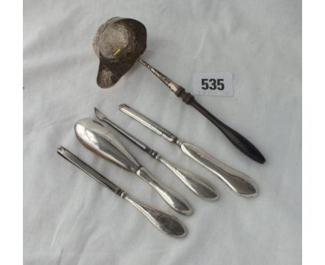 Another toddy ladle with turn wood handle and 4 manicure items 