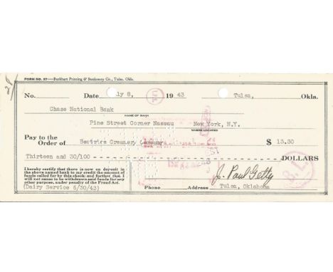 John Paul Getty signed cheque. Good condition. All autographs come with a Certificate of Authenticity. We combine postage on 