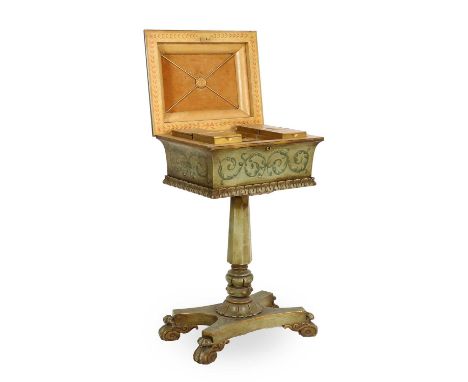 A Regency-Style Green and Parcel-Gilt Painted Teapoy, the moulded hinged lid enclosing a fitted interior with four removable 