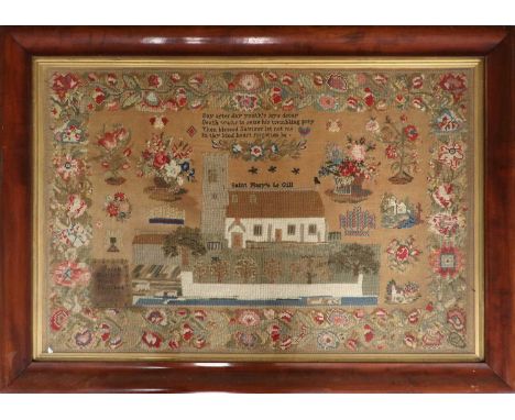 A Woolwork Sampler, worked by Sarah Hartley, May 27th 1858 depicting Saint Mary's Le Gll Church to the centre, white painted 