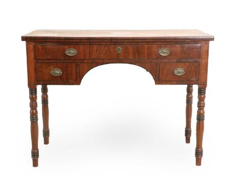 A Regency Mahogany and Ebony-Strung Writing or Dressing Table, early 19th century, with a long pine-lined drawer and two smal