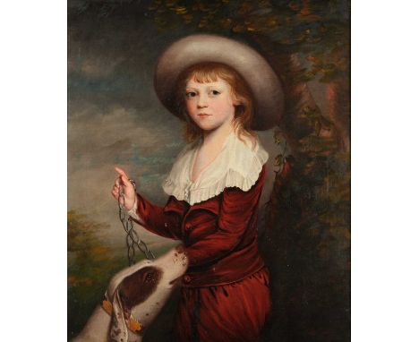 British School (19th Century)Portrait of a young boy, three quarter length standing beneath a tree holding his hound on a cha