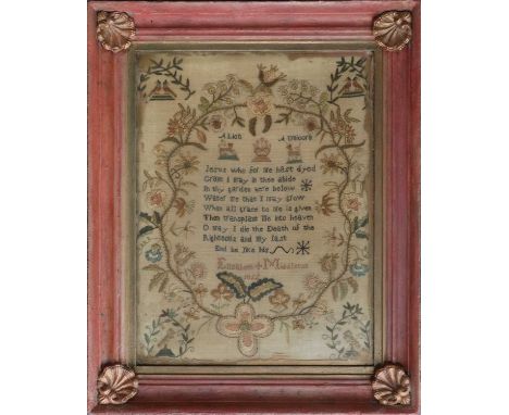 A Regency Silk Embroidered Sampler, worked by Elizabeth Middleton, dated 1822, with a central religious verse beneath a lion 