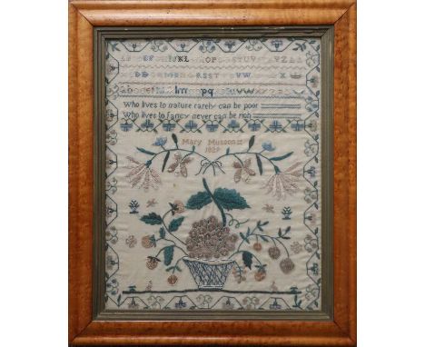 A Regency Alphabet Sampler, worked by Mary Musson, dated 1829, includes the verse 'who lives to nature rarely can be poor, wh