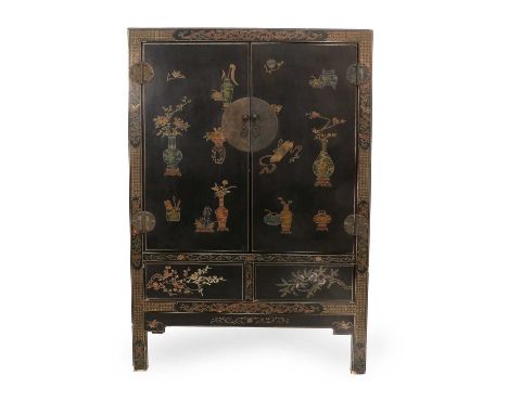 A Reproduction Black Lacquer and Gilt Painted Chinese-Style Wedding Cabinet, painted with antiquities and landscapes, the cup