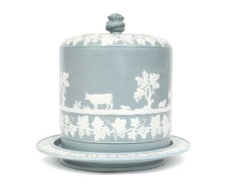 A Dudson Blue Stoneware Cheese Dish and Cover, circa 1880, sprigged with a continual pastoral scene and with vine work border