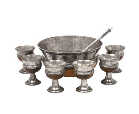 An Elizabeth II Silver-Mounted Wood Punch-Set, by Richard Comyns, London, 1957, each piece in the 17th-century style, the bow