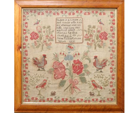 A Decorative Pictorial Sampler, worked by Jane Robertshaw, dated 1838, in coloured wool cross-stitch, with a religious verse 