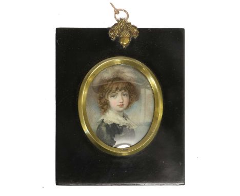 English School (early 19th century): Miniature Portrait of a Girl, bust length, wearing a feather cap and lace-trimmed black 