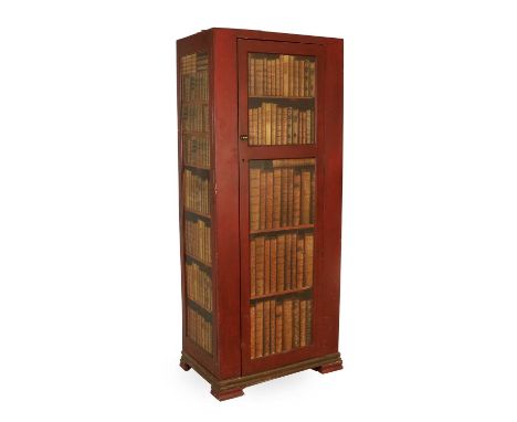 A 20th Century Red Painted Hall Cupboard, the front and sides painted with leather-bound books and shelves, the single cupboa