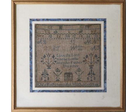 An Alphabet Sampler, worked by Eliza Hodkinson, aged 10, dated 1833, with a central verse, depicting a house flanked by decor